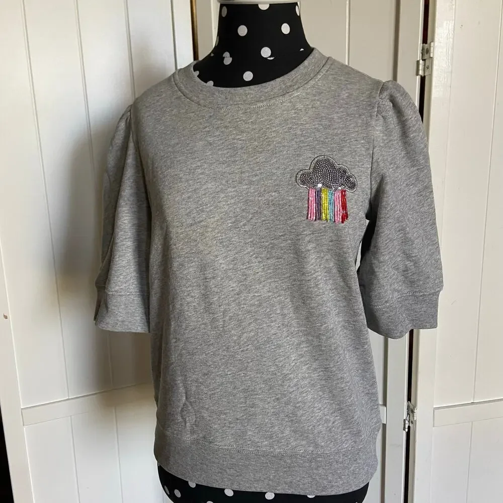 Kate Spade Womens Sweatshirt Size Small Rain Or Shine Short Sleeve Gray $168 NEW